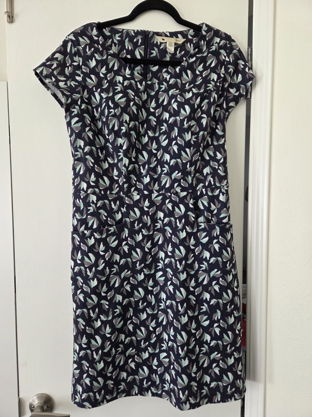 Yumi Tailored And Lined Navy Midi Dress with Mint & White Leaf Print